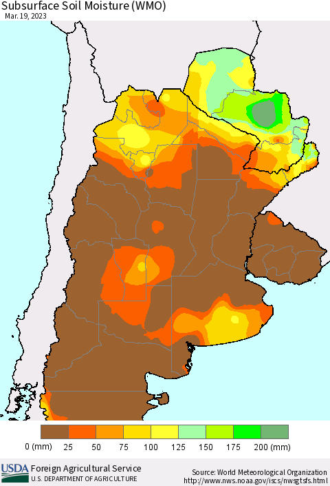 Southern South America Subsurface Soil Moisture (WMO) Thematic Map For 3/13/2023 - 3/19/2023