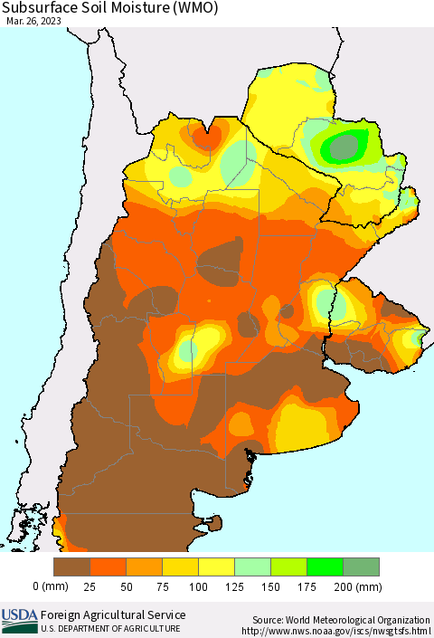 Southern South America Subsurface Soil Moisture (WMO) Thematic Map For 3/20/2023 - 3/26/2023