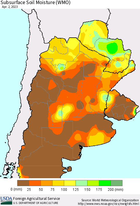 Southern South America Subsurface Soil Moisture (WMO) Thematic Map For 3/27/2023 - 4/2/2023