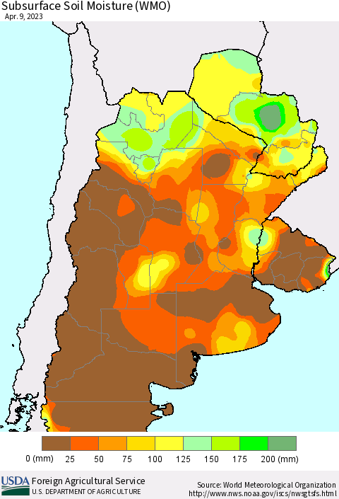 Southern South America Subsurface Soil Moisture (WMO) Thematic Map For 4/3/2023 - 4/9/2023