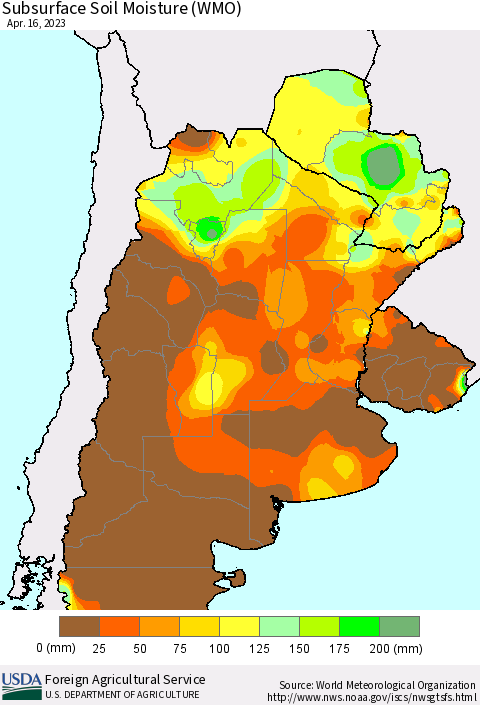 Southern South America Subsurface Soil Moisture (WMO) Thematic Map For 4/10/2023 - 4/16/2023
