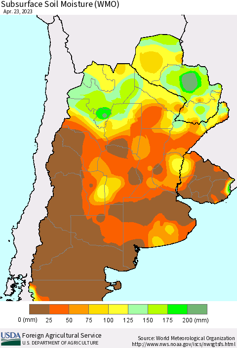 Southern South America Subsurface Soil Moisture (WMO) Thematic Map For 4/17/2023 - 4/23/2023