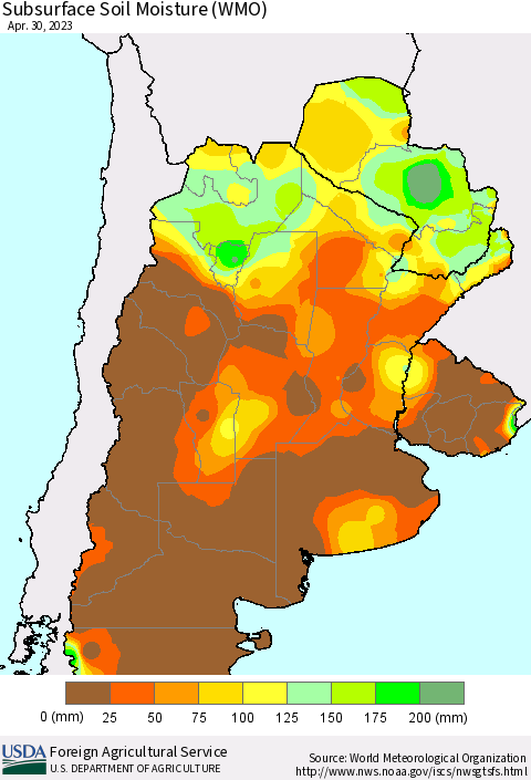 Southern South America Subsurface Soil Moisture (WMO) Thematic Map For 4/24/2023 - 4/30/2023