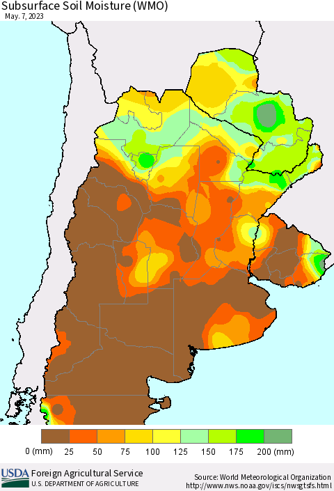 Southern South America Subsurface Soil Moisture (WMO) Thematic Map For 5/1/2023 - 5/7/2023
