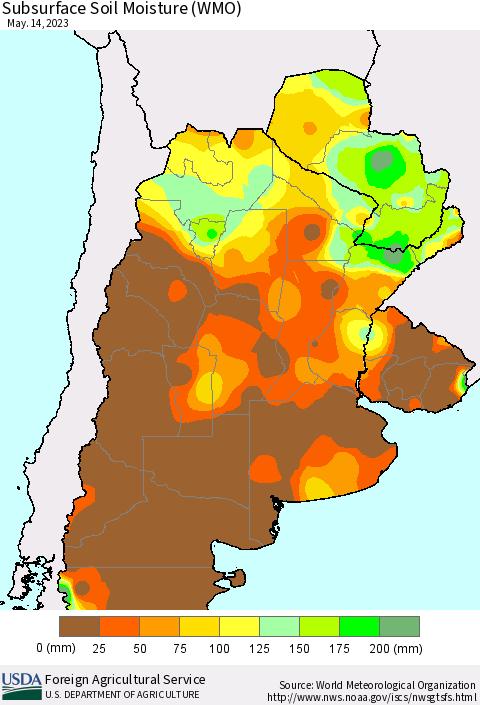 Southern South America Subsurface Soil Moisture (WMO) Thematic Map For 5/8/2023 - 5/14/2023