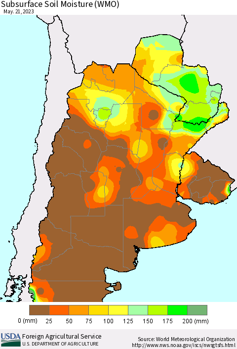 Southern South America Subsurface Soil Moisture (WMO) Thematic Map For 5/15/2023 - 5/21/2023