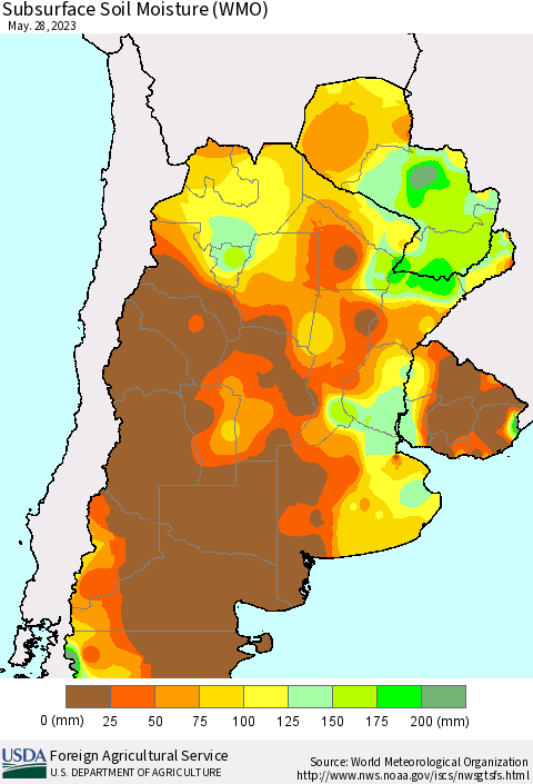 Southern South America Subsurface Soil Moisture (WMO) Thematic Map For 5/22/2023 - 5/28/2023