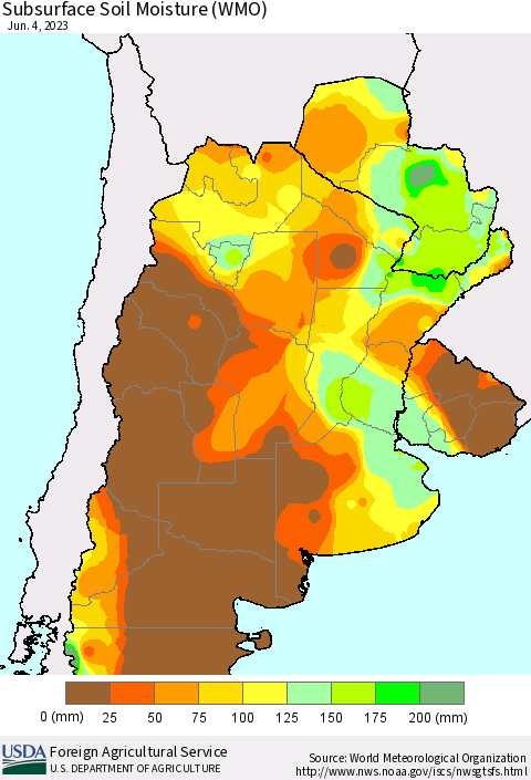 Southern South America Subsurface Soil Moisture (WMO) Thematic Map For 5/29/2023 - 6/4/2023