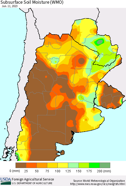 Southern South America Subsurface Soil Moisture (WMO) Thematic Map For 6/5/2023 - 6/11/2023