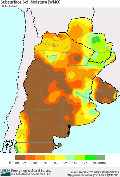 Southern South America Subsurface Soil Moisture (WMO) Thematic Map For 6/12/2023 - 6/18/2023