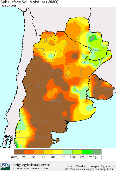 Southern South America Subsurface Soil Moisture (WMO) Thematic Map For 6/19/2023 - 6/25/2023