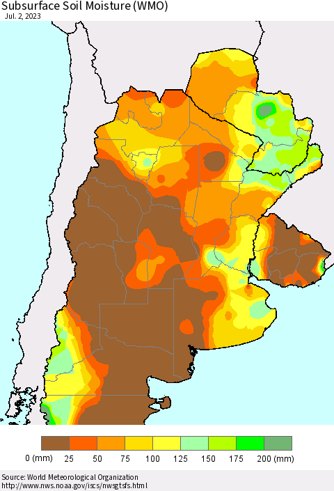 Southern South America Subsurface Soil Moisture (WMO) Thematic Map For 6/26/2023 - 7/2/2023