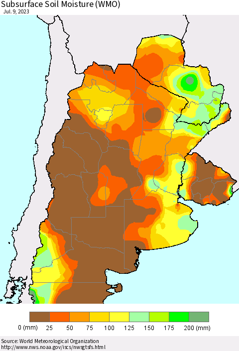 Southern South America Subsurface Soil Moisture (WMO) Thematic Map For 7/3/2023 - 7/9/2023