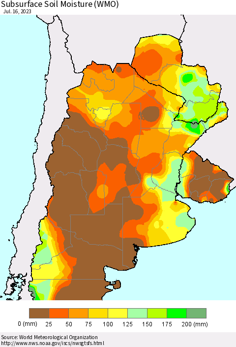 Southern South America Subsurface Soil Moisture (WMO) Thematic Map For 7/10/2023 - 7/16/2023