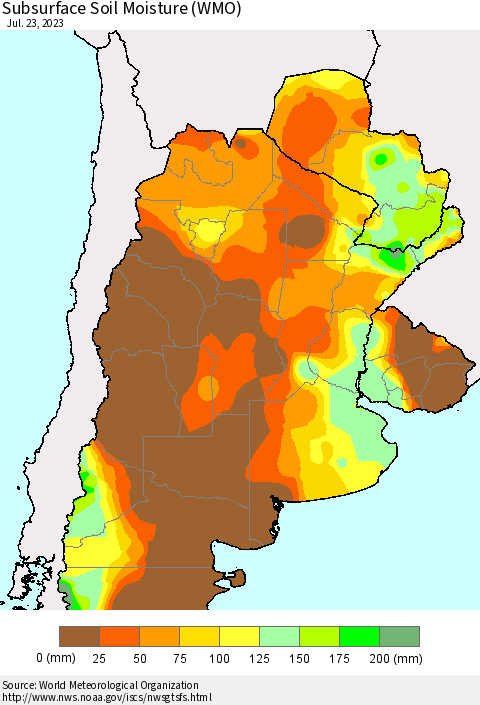 Southern South America Subsurface Soil Moisture (WMO) Thematic Map For 7/17/2023 - 7/23/2023
