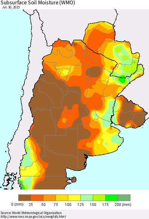 Southern South America Subsurface Soil Moisture (WMO) Thematic Map For 7/24/2023 - 7/30/2023