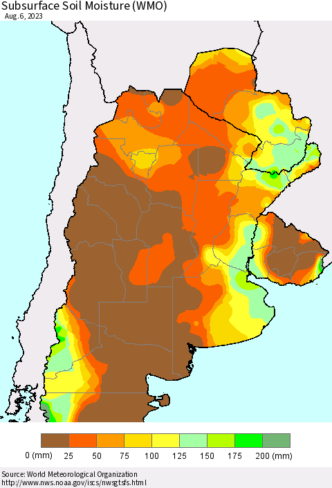 Southern South America Subsurface Soil Moisture (WMO) Thematic Map For 7/31/2023 - 8/6/2023