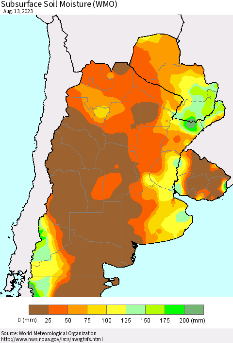 Southern South America Subsurface Soil Moisture (WMO) Thematic Map For 8/7/2023 - 8/13/2023