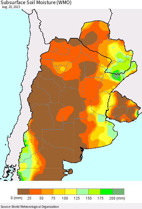 Southern South America Subsurface Soil Moisture (WMO) Thematic Map For 8/14/2023 - 8/20/2023
