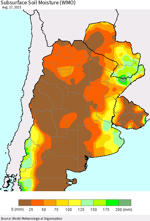 Southern South America Subsurface Soil Moisture (WMO) Thematic Map For 8/21/2023 - 8/27/2023