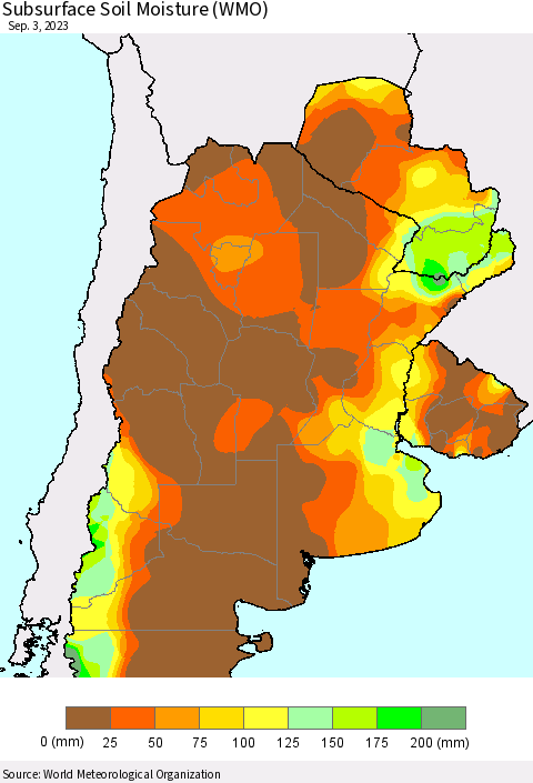 Southern South America Subsurface Soil Moisture (WMO) Thematic Map For 8/28/2023 - 9/3/2023