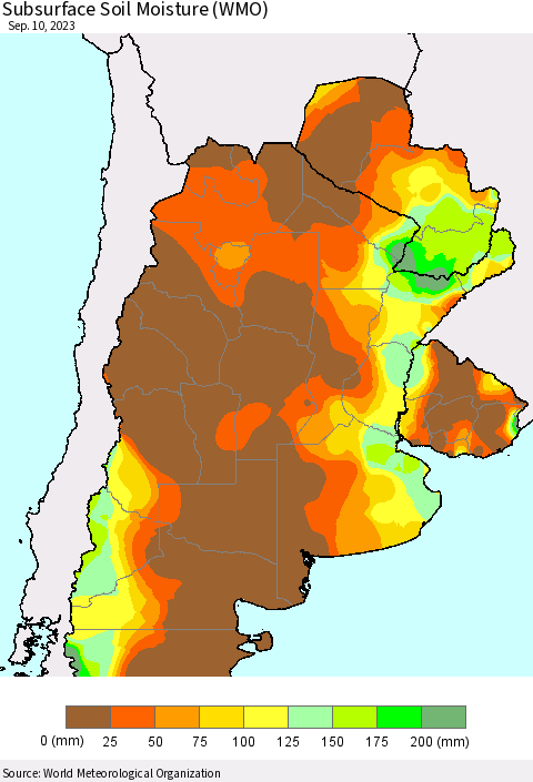 Southern South America Subsurface Soil Moisture (WMO) Thematic Map For 9/4/2023 - 9/10/2023