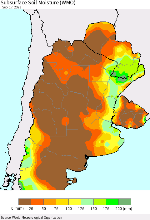 Southern South America Subsurface Soil Moisture (WMO) Thematic Map For 9/11/2023 - 9/17/2023