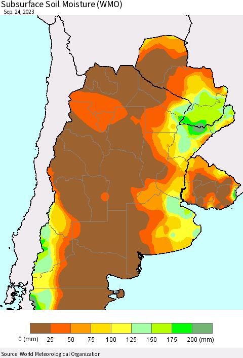 Southern South America Subsurface Soil Moisture (WMO) Thematic Map For 9/18/2023 - 9/24/2023