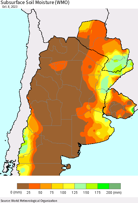 Southern South America Subsurface Soil Moisture (WMO) Thematic Map For 10/2/2023 - 10/8/2023