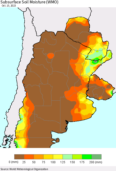 Southern South America Subsurface Soil Moisture (WMO) Thematic Map For 10/9/2023 - 10/15/2023