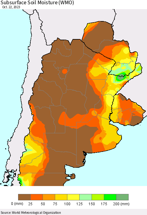 Southern South America Subsurface Soil Moisture (WMO) Thematic Map For 10/16/2023 - 10/22/2023