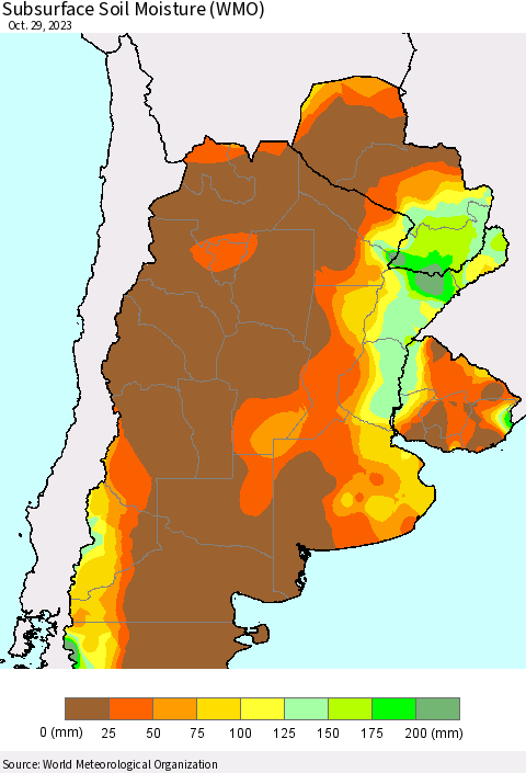 Southern South America Subsurface Soil Moisture (WMO) Thematic Map For 10/23/2023 - 10/29/2023