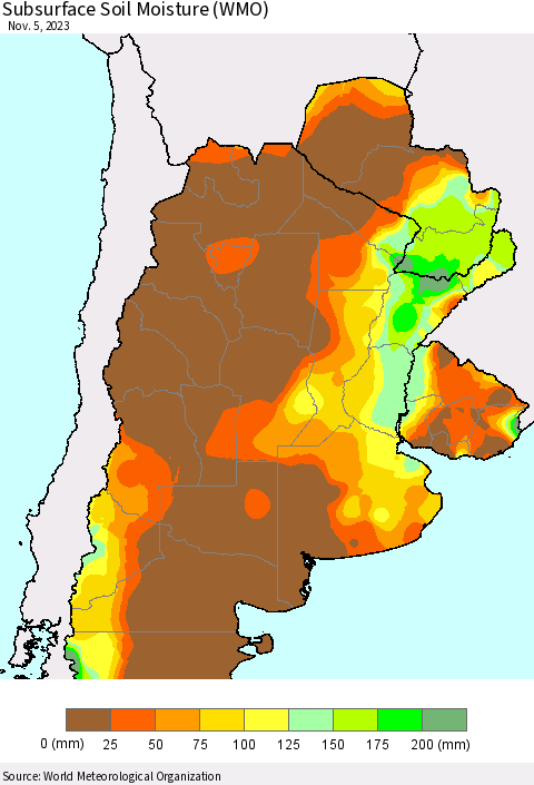 Southern South America Subsurface Soil Moisture (WMO) Thematic Map For 10/30/2023 - 11/5/2023