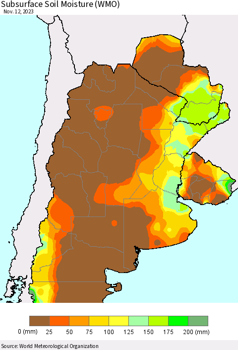 Southern South America Subsurface Soil Moisture (WMO) Thematic Map For 11/6/2023 - 11/12/2023