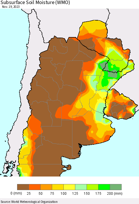 Southern South America Subsurface Soil Moisture (WMO) Thematic Map For 11/13/2023 - 11/19/2023