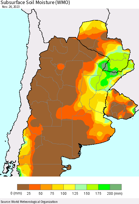 Southern South America Subsurface Soil Moisture (WMO) Thematic Map For 11/20/2023 - 11/26/2023