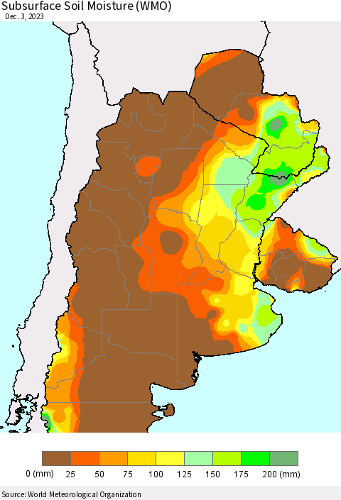 Southern South America Subsurface Soil Moisture (WMO) Thematic Map For 11/27/2023 - 12/3/2023