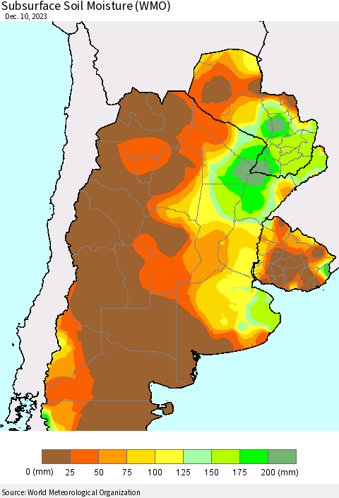 Southern South America Subsurface Soil Moisture (WMO) Thematic Map For 12/4/2023 - 12/10/2023