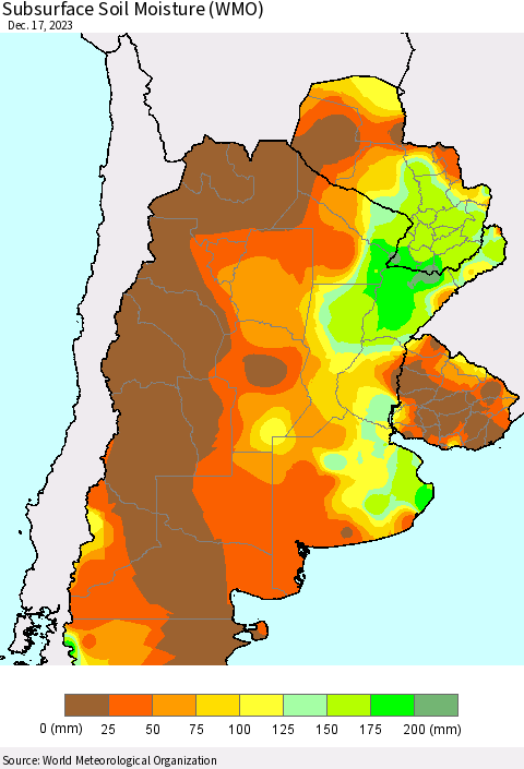 Southern South America Subsurface Soil Moisture (WMO) Thematic Map For 12/11/2023 - 12/17/2023