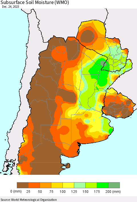 Southern South America Subsurface Soil Moisture (WMO) Thematic Map For 12/18/2023 - 12/24/2023