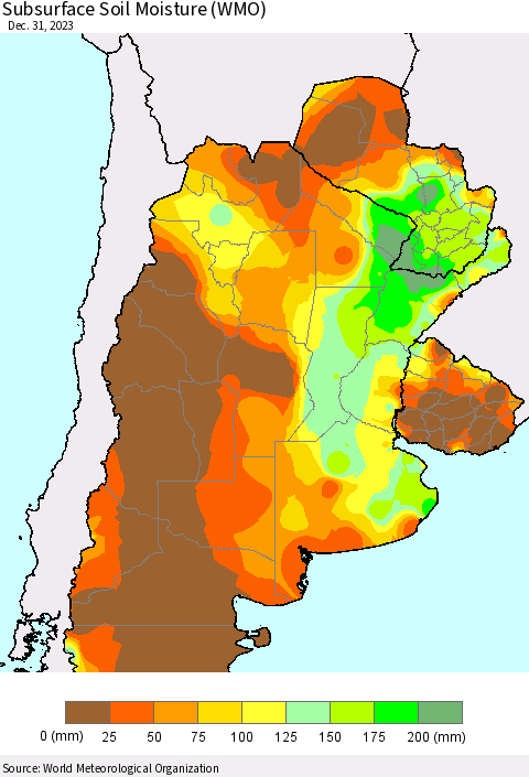 Southern South America Subsurface Soil Moisture (WMO) Thematic Map For 12/25/2023 - 12/31/2023