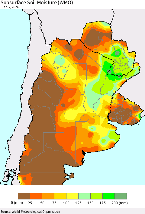 Southern South America Subsurface Soil Moisture (WMO) Thematic Map For 1/1/2024 - 1/7/2024
