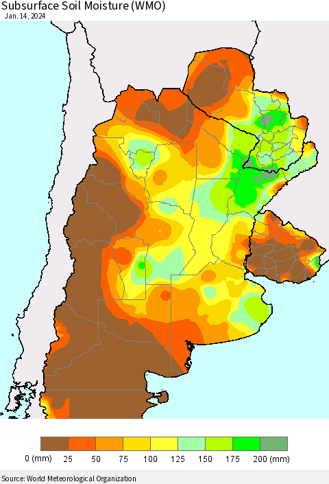 Southern South America Subsurface Soil Moisture (WMO) Thematic Map For 1/8/2024 - 1/14/2024