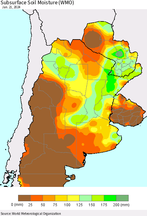 Southern South America Subsurface Soil Moisture (WMO) Thematic Map For 1/15/2024 - 1/21/2024
