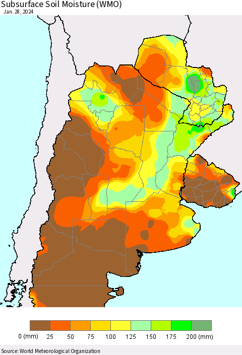 Southern South America Subsurface Soil Moisture (WMO) Thematic Map For 1/22/2024 - 1/28/2024