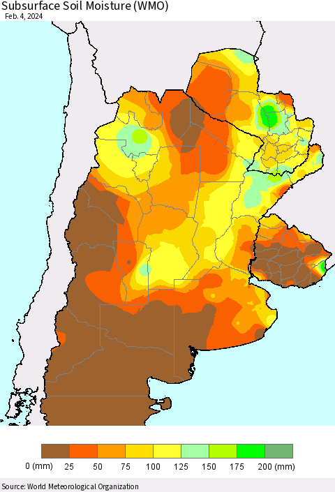 Southern South America Subsurface Soil Moisture (WMO) Thematic Map For 1/29/2024 - 2/4/2024