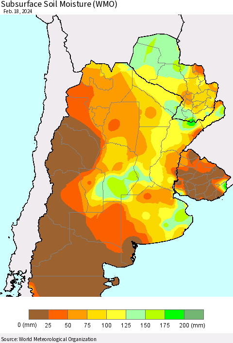 Southern South America Subsurface Soil Moisture (WMO) Thematic Map For 2/12/2024 - 2/18/2024