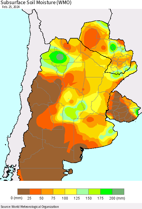 Southern South America Subsurface Soil Moisture (WMO) Thematic Map For 2/19/2024 - 2/25/2024
