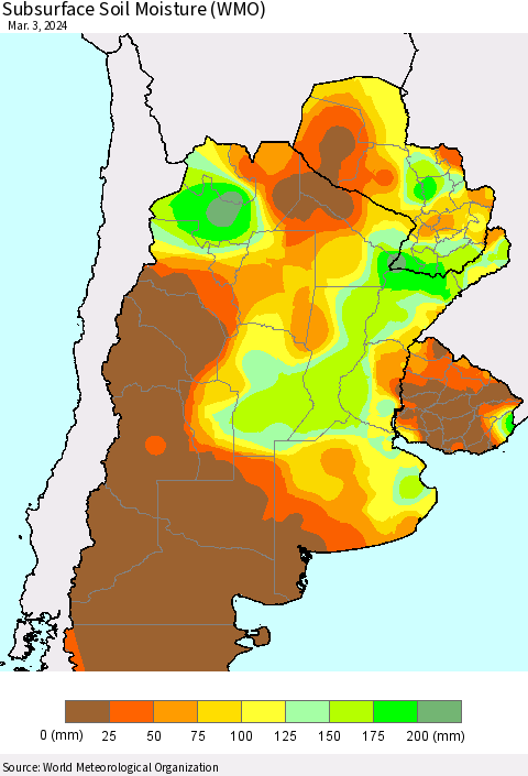 Southern South America Subsurface Soil Moisture (WMO) Thematic Map For 2/26/2024 - 3/3/2024