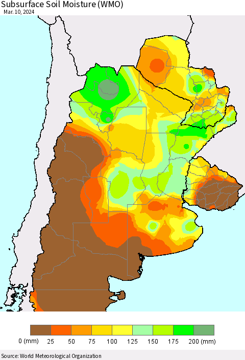 Southern South America Subsurface Soil Moisture (WMO) Thematic Map For 3/4/2024 - 3/10/2024